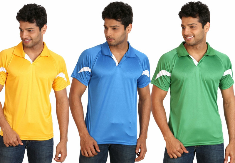 Campus Sutra Solid Men Polo Neck Yellow, Light Blue, Green T-Shirt(Pack of 3)