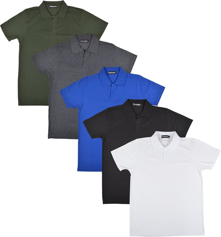Pintapple Solid Men Polo Neck White, Black, Blue, Grey, Dark Green T-Shirt(Pack of 5)