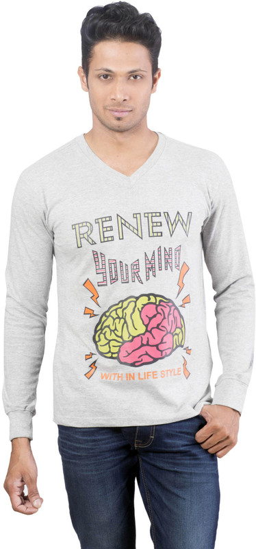 Oviyon Printed Men V-neck Grey T-Shirt