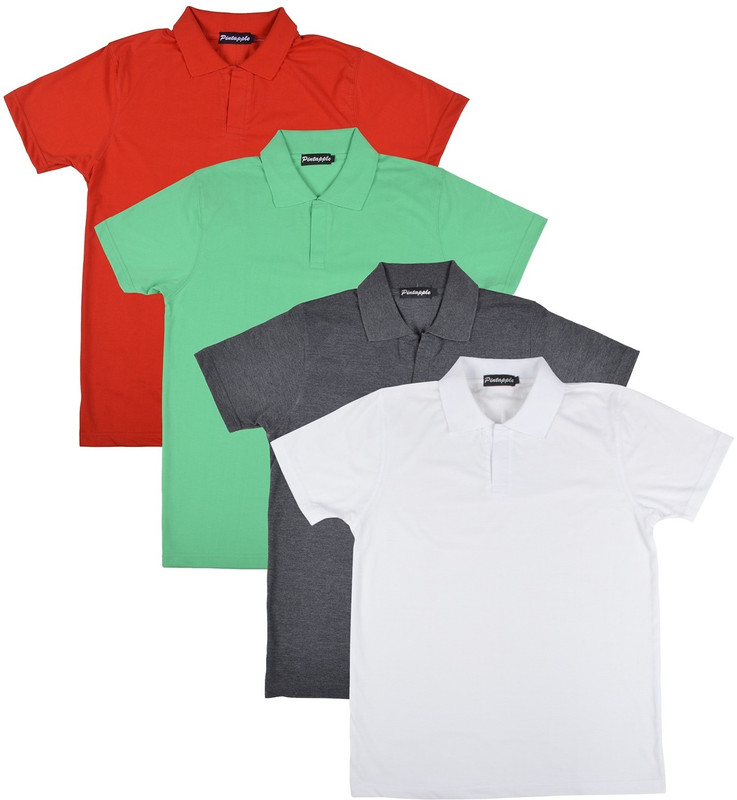 Pintapple Solid Men Polo Neck White, Grey, Light Green, Red T-Shirt(Pack of 4)