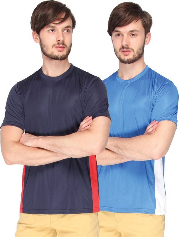 Campus Sutra Solid Men Round or Crew Dark Blue, Blue T-Shirt(Pack of 2)