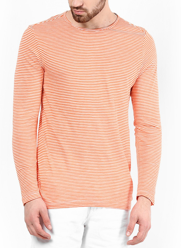 Jack & Jones Striped Men Round Neck Orange T-Shirt