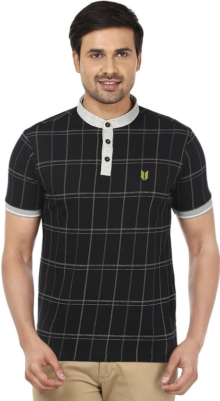 Ruse Checkered Men Mandarin Collar Black T-Shirt