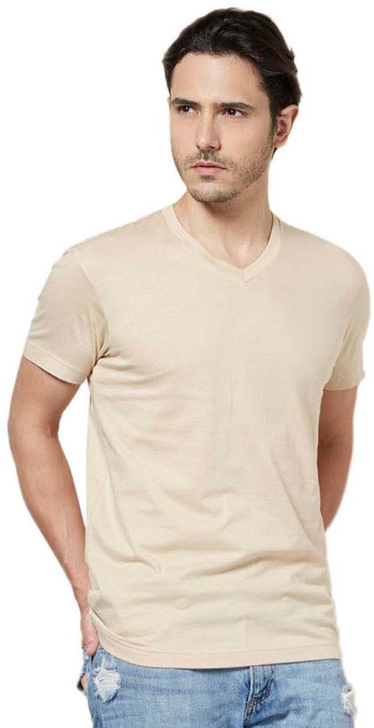 Tuna London Solid Men V-neck Beige T-Shirt