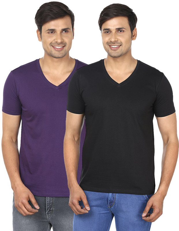 FM Fashionmania Solid Men V-neck Purple, Black T-Shirt(Pack of 2)