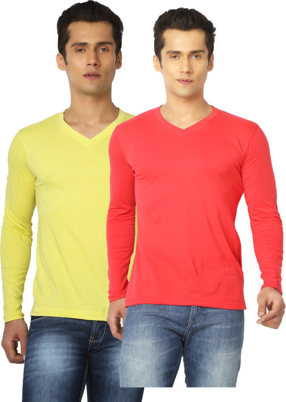 Joke Tees Solid Men V-neck Gold, Red T-Shirt(Pack of 2)