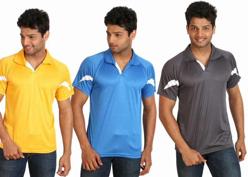 Campus Sutra Solid Men Polo Neck Grey, Yellow, Light Blue T-Shirt(Pack of 3)