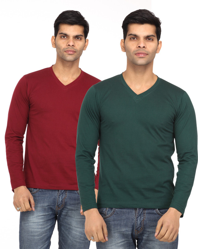 Leana Solid Men Round Neck Maroon, Green T-Shirt(Pack of 2)
