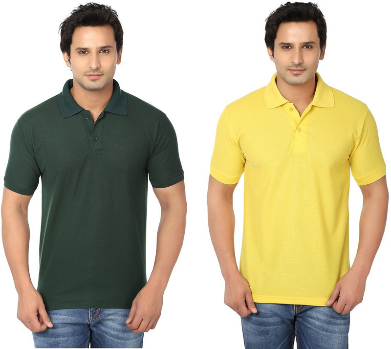 Keepsake Solid Men Polo Neck Dark Green, Yellow T-Shirt(Pack of 2)