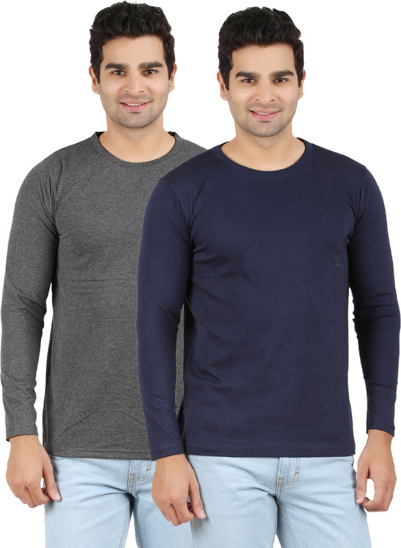 Ap'pulse Solid Men Round or Crew Grey, Dark Blue T-Shirt(Pack of 2)