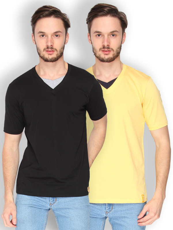 Campus Sutra Solid Men V-Neck Black, Yellow T-Shirt(Pack of 2)