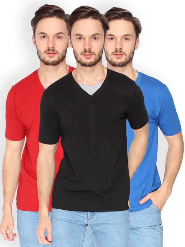 Campus Sutra Solid Men V-Neck Black, Red, Blue T-Shirt(Pack of 3)