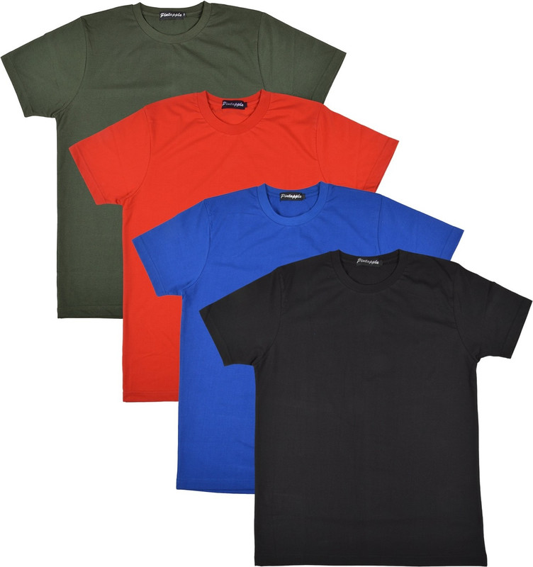 Pintapple Solid Men Round Neck Black, Blue, Red, Dark Green T-Shirt(Pack of 4)