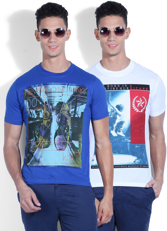 Fort Collins Printed Men Round Neck White, Blue T-Shirt(Pack of 2)