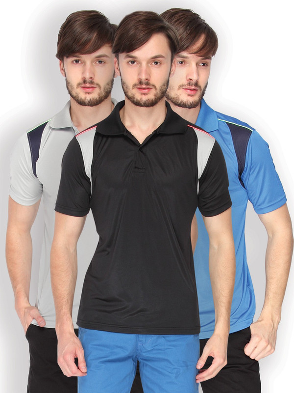Campus Sutra Solid Men Polo Neck Black, Grey, Grey, Blue, Blue, Blue T-Shirt(Pack of 3)