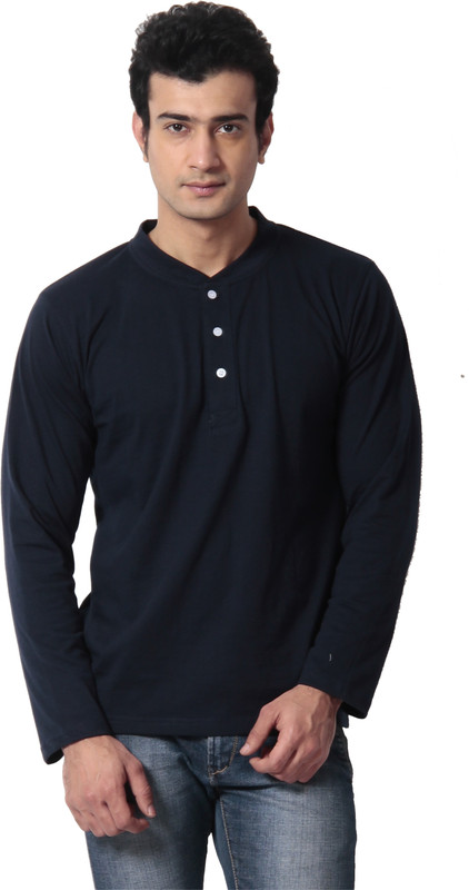 Leana Solid Men Henley Blue T-Shirt