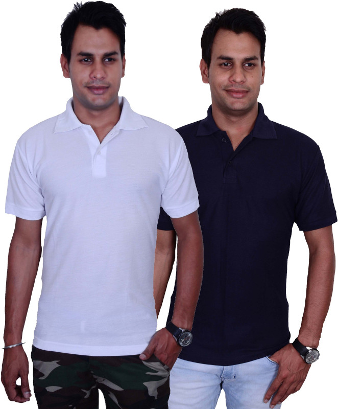 Blaze Solid Men Polo Neck White, Blue T-Shirt(Pack of 2)