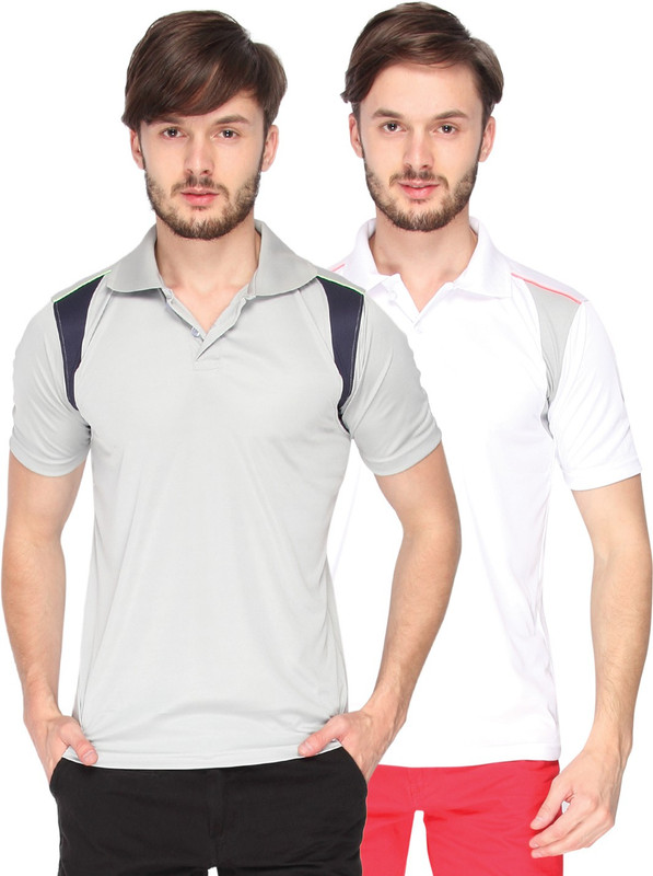 Campus Sutra Solid Men Polo Neck Denim Grey, White T-Shirt(Pack of 2)