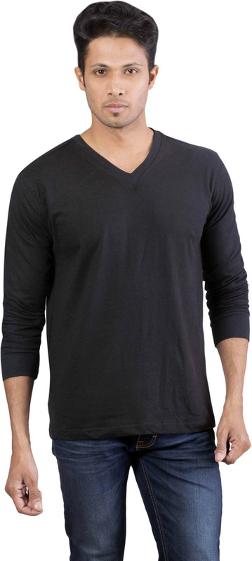 Oviyon Solid Men V-neck Black T-Shirt