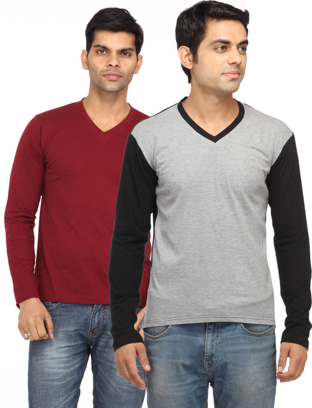 Leana Solid Men Round Neck Maroon, Grey T-Shirt(Pack of 2)