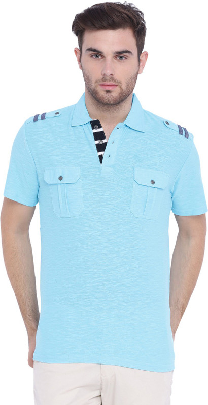 Arise Self Design Men Polo Neck Light Blue T-Shirt