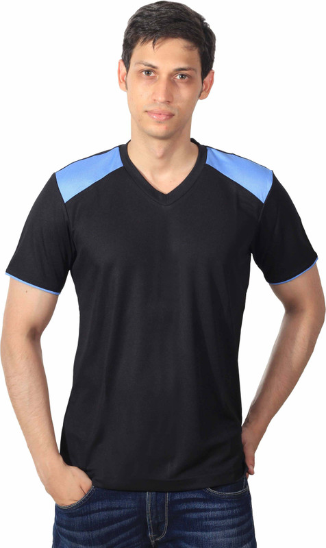 DS WORLD Solid Men V-Neck Black, Blue T-Shirt