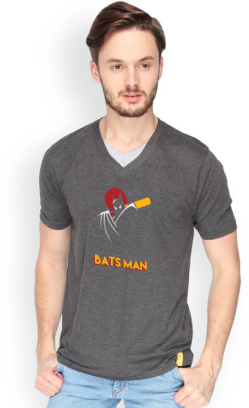 Campus Sutra Printed Men V-Neck Grey T-Shirt