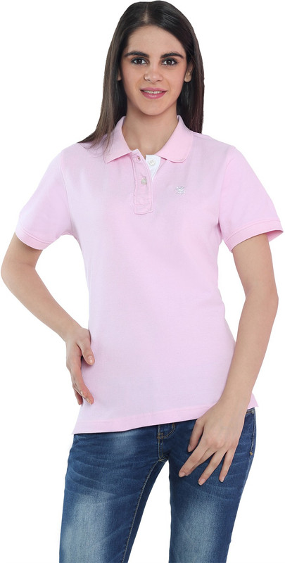 The Cotton Company Solid Women Polo Neck Pink T-Shirt