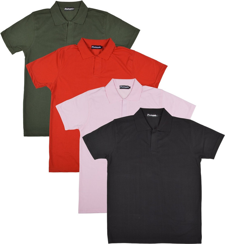 Pintapple Solid Men Polo Neck Black, Pink, Red, Dark Green T-Shirt(Pack of 4)