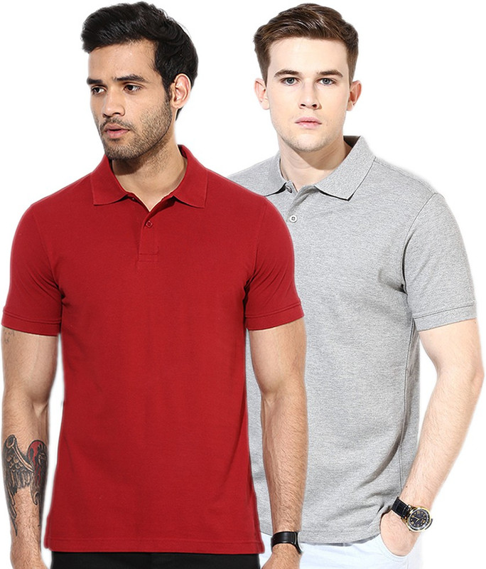 Go India Store Solid Men Polo Neck Maroon, Grey T-Shirt(Pack of 2)