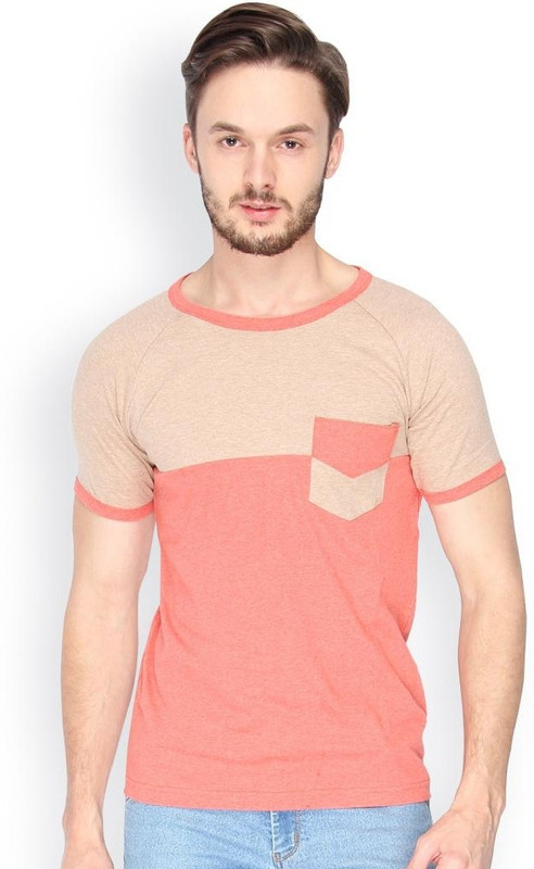 Campus Sutra Solid Men Round or Crew Brown, Orange T-Shirt