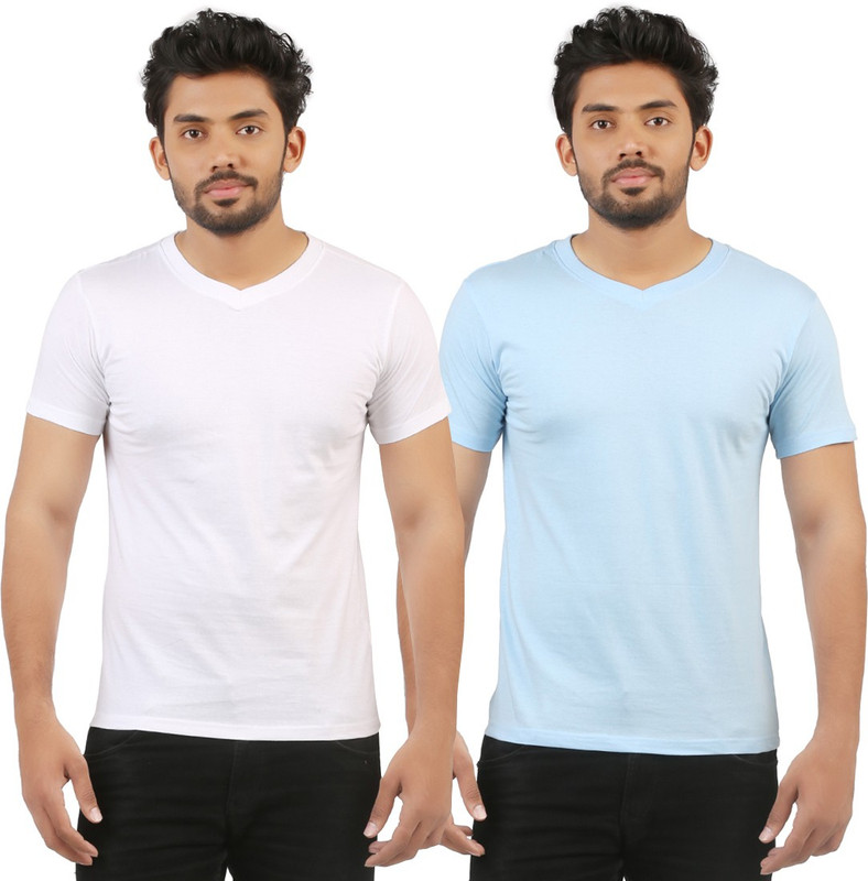 VUYHAZ Solid Men V-neck White, Blue T-Shirt(Pack of 2) VUYHAZ Solid Men V-neck White, Blue T-Shirt(Pack of 2)