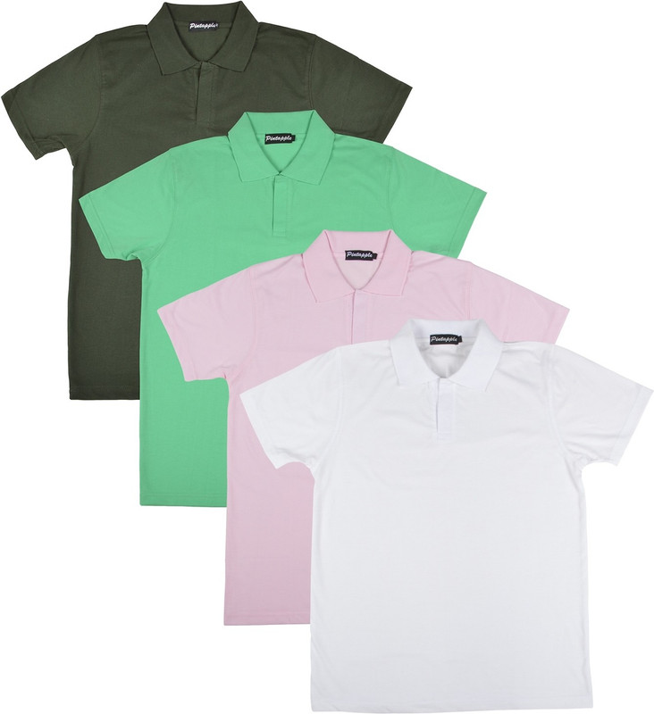 Pintapple Solid Men Polo Neck White, Pink, Light Green, Dark Green T-Shirt(Pack of 4)