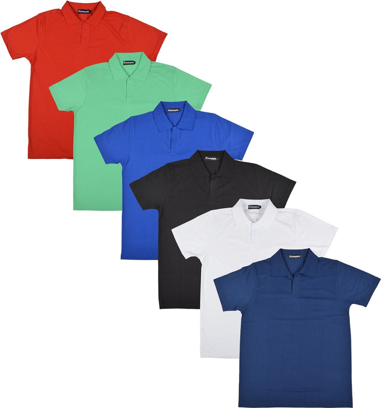 Pintapple Solid Men Polo Neck White, Black, Blue, Light Green, Red, Dark Blue T-Shirt(Pack of 6)