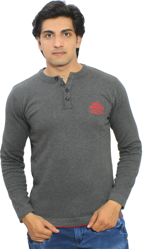 Thread Craft Solid Men Henley Grey T-Shirt
