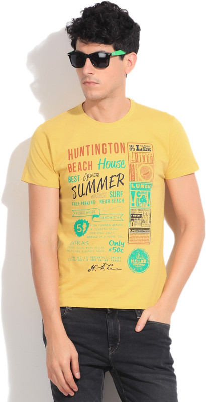 Lee Printed Men Round Neck Yellow T-Shirt
