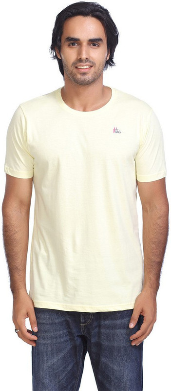 Hashtag Solid Men Round Neck Yellow T-Shirt