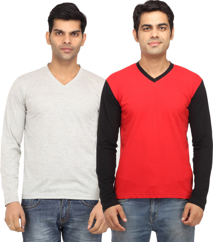 Leana Solid Men Round Neck Red, Grey T-Shirt(Pack of 2)