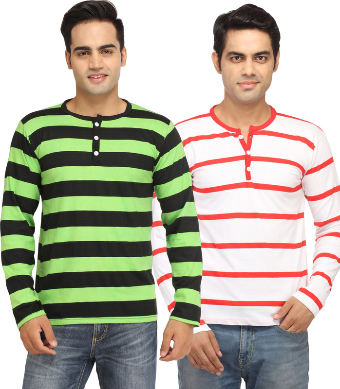 Leana Striped Men Round Neck Green, Red T-Shirt(Pack of 2)