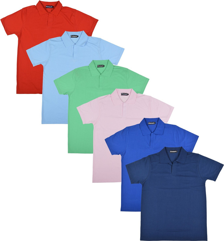 Pintapple Solid Men Polo Neck Blue, Pink, Light Green, Light Blue, Red, Dark Blue T-Shirt(Pack of 6)