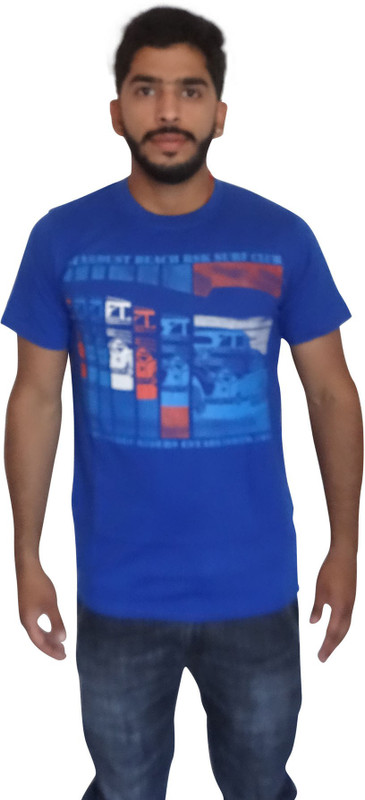 Uniqe Printed Men Round Neck Blue T-Shirt