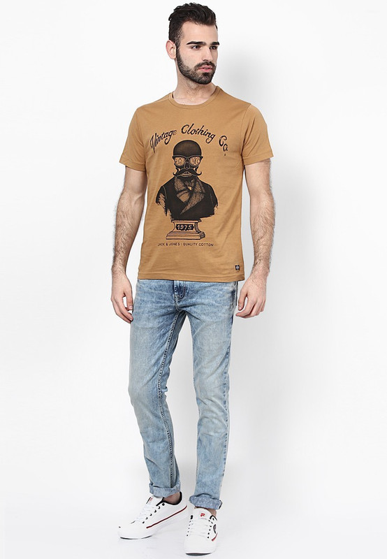 Jack & Jones Graphic Print Men Round Neck Brown T-Shirt