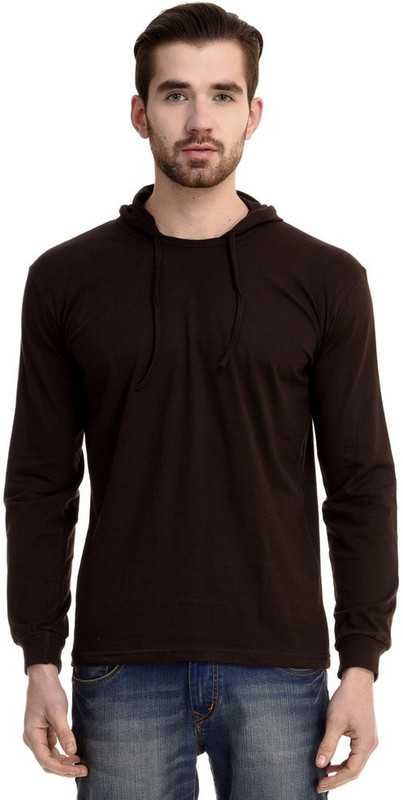 Mi Moda Solid Men Hooded Brown T-Shirt