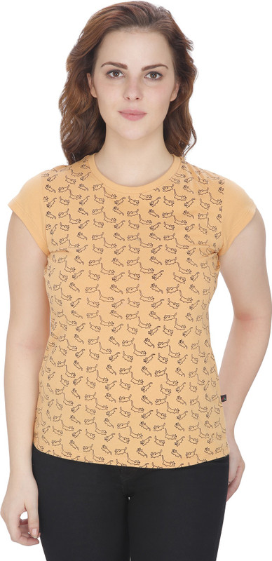 Atlaa Batlaa Printed Women Round Neck Yellow T-Shirt