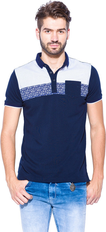 Mufti Self Design Men Polo Neck Dark Blue, White T-Shirt