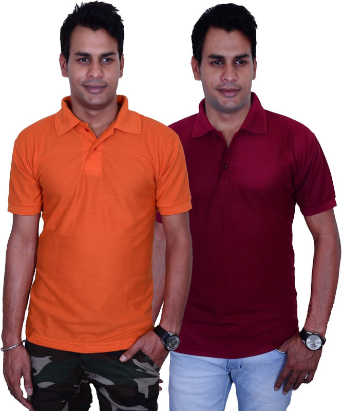 Blaze Solid Men Polo Neck Orange, Maroon T-Shirt(Pack of 2)