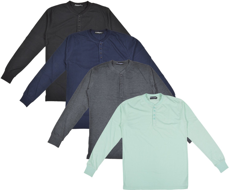 Pintapple Solid Men Henley Light Green, Grey, Dark Blue, Black T-Shirt(Pack of 4)
