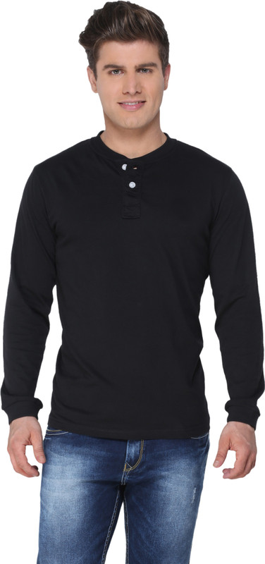 The Cotton Company Solid Men Henley Black T-Shirt