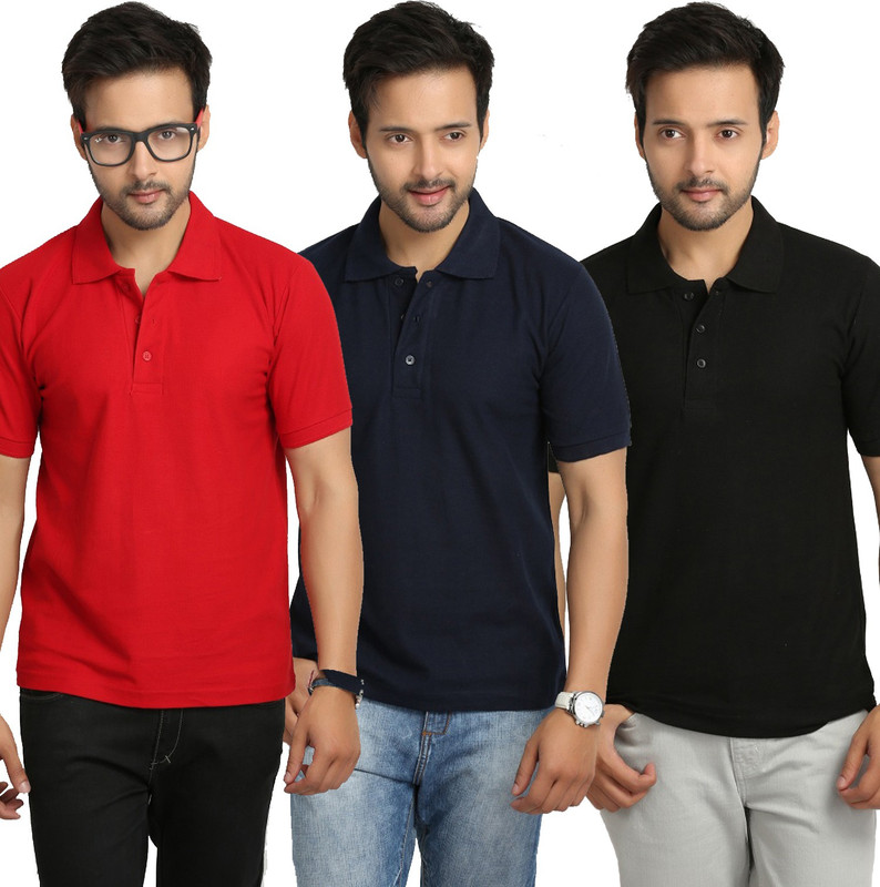Weardo Solid Men Polo Neck Black, Blue, Red T-Shirt(Pack of 3)