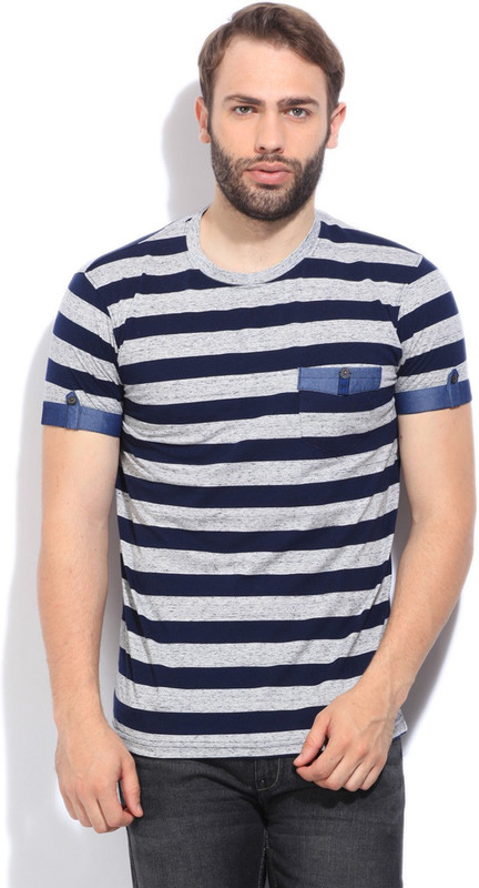 Fort Collins Striped Men Round Neck Grey, Dark Blue T-Shirt